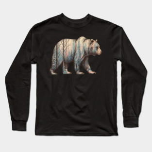 Grizzly Bear Double Exposure Winter Forest Woods Graphic Long Sleeve T-Shirt