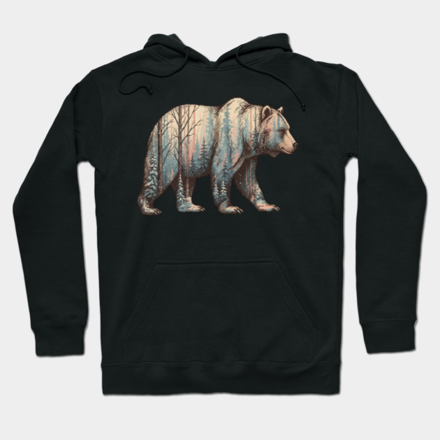 Grizzly Bear Double Exposure Winter Forest Woods Graphic Hoodie by BirdsnStuff