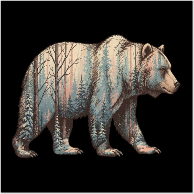 Grizzly Bear Double Exposure Winter Forest Woods Graphic Wall Art by BirdsnStuff
