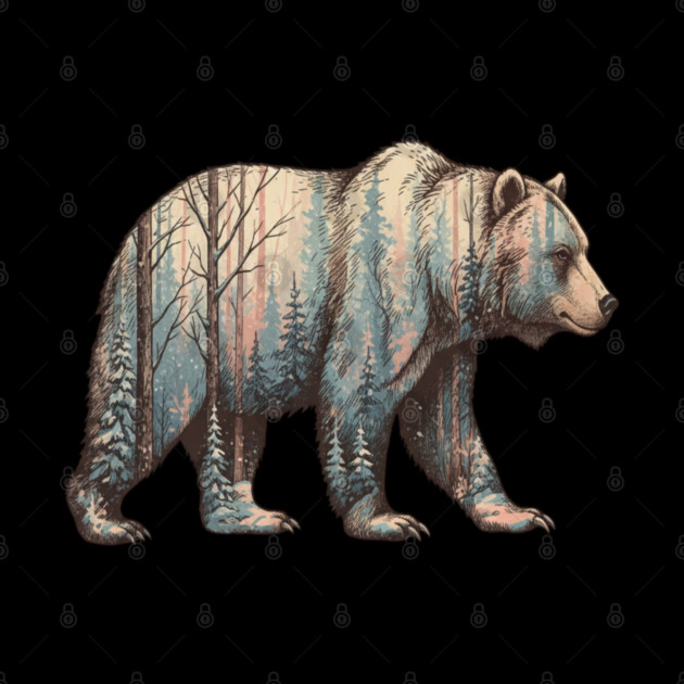 Grizzly Bear Double Exposure Winter Forest Woods Graphic by BirdsnStuff