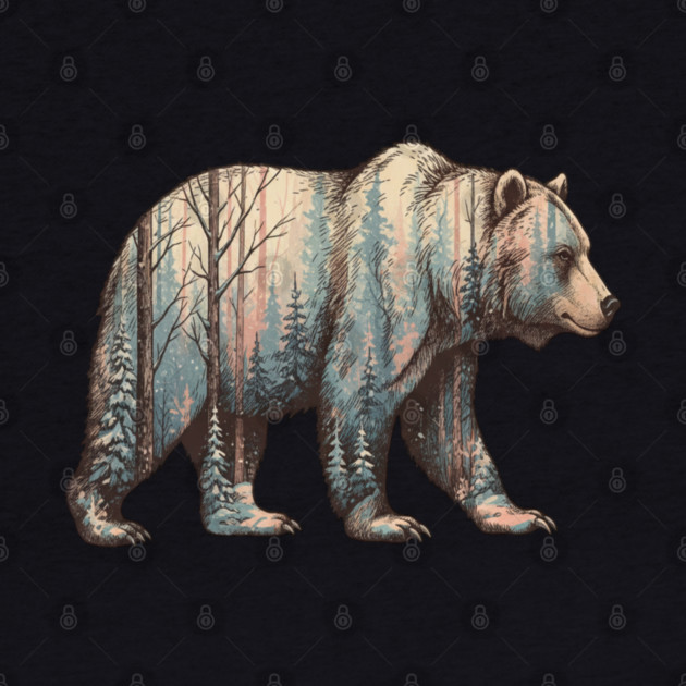 Grizzly Bear Double Exposure Winter Forest Woods Graphic by BirdsnStuff