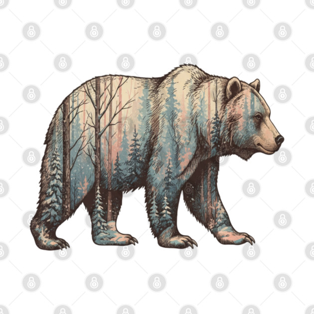 Grizzly Bear Double Exposure Winter Forest Woods Graphic by BirdsnStuff