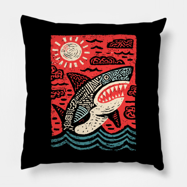 Primal Shark | The Apex Predator Linocut Pillow by TuncGK