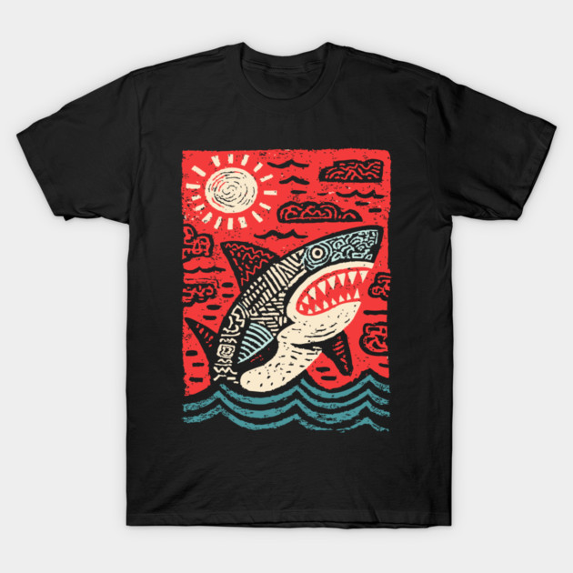 Primal Shark | The Apex Predator Linocut T-Shirt by TuncGK