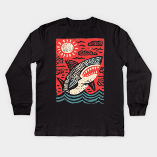 Primal Shark | The Apex Predator Linocut Kids Long Sleeve T-Shirt