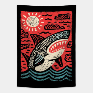 Primal Shark | The Apex Predator Linocut Tapestry