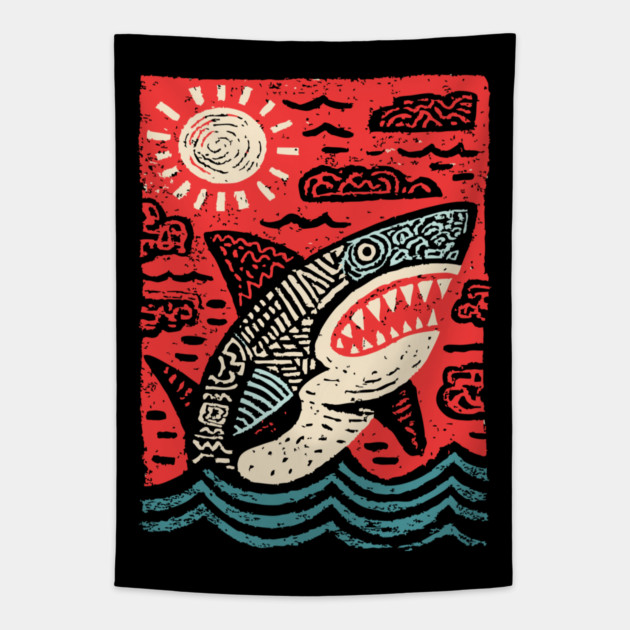 Primal Shark | The Apex Predator Linocut Tapestry by TuncGK