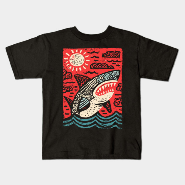 Primal Shark | The Apex Predator Linocut Kids T-Shirt by TuncGK