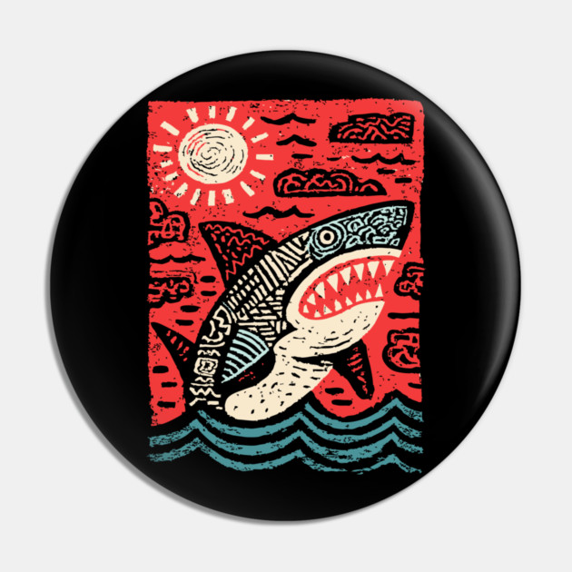 Primal Shark | The Apex Predator Linocut Pin by TuncGK