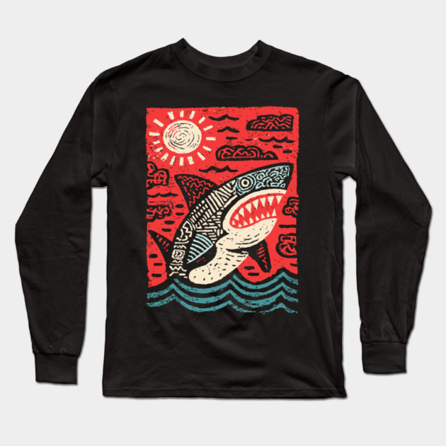 Primal Shark | The Apex Predator Linocut Long Sleeve T-Shirt by TuncGK