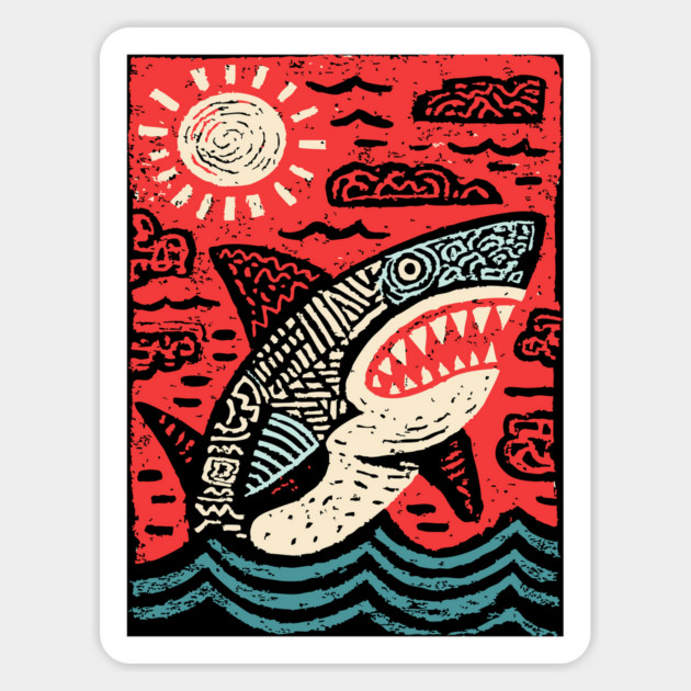 Primal Shark | The Apex Predator Linocut Magnet by TuncGK