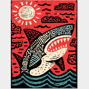 Primal Shark | The Apex Predator Linocut Posters and Art