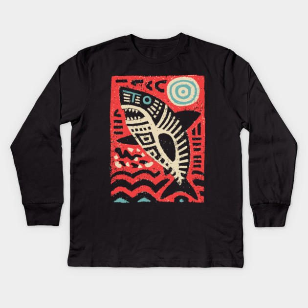 Tribal Shark Glyph | The Ancient Sea Guardian Kids Long Sleeve T-Shirt by TuncGK