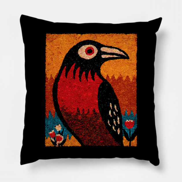 Folk Art Crow | The Autumnal Raven Tapestry Pillow by TuncGK