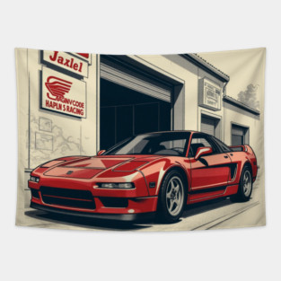Retro Garage – Honda NSX Vintage Racing Poster Vector Artwork | 1980s JDM Car T-Shirt, Sticker, Classic Motorsports Poster, Gift for Car Enthusiasts and Racing Fans Tapestry