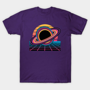 Retro Tech Singularity – Neon Black Hole Grid T-Shirt