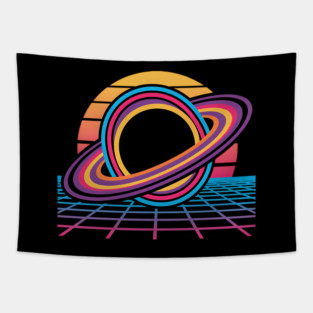 Retro Tech Singularity – Neon Black Hole Grid Tapestry