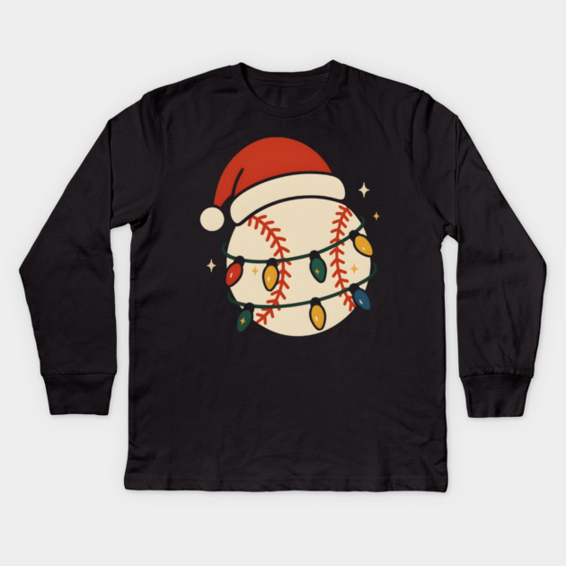 Baseball Christmas Shirt | Santa Hat & Holiday Lights Gift Graphic Kids Long Sleeve T-Shirt by MakerMind8.2