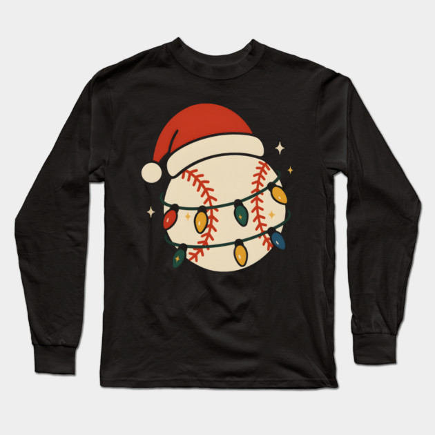 Baseball Christmas Shirt | Santa Hat & Holiday Lights Gift Graphic Long Sleeve T-Shirt by MakerMind8.2