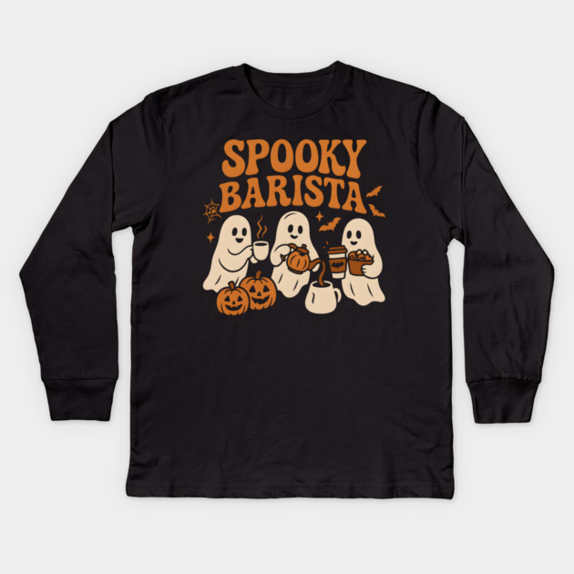 Spooky Barista Ghost Halloween Shirt | Funny Coffee Lover Gift Kids Long Sleeve T-Shirt by MakerMind8.2