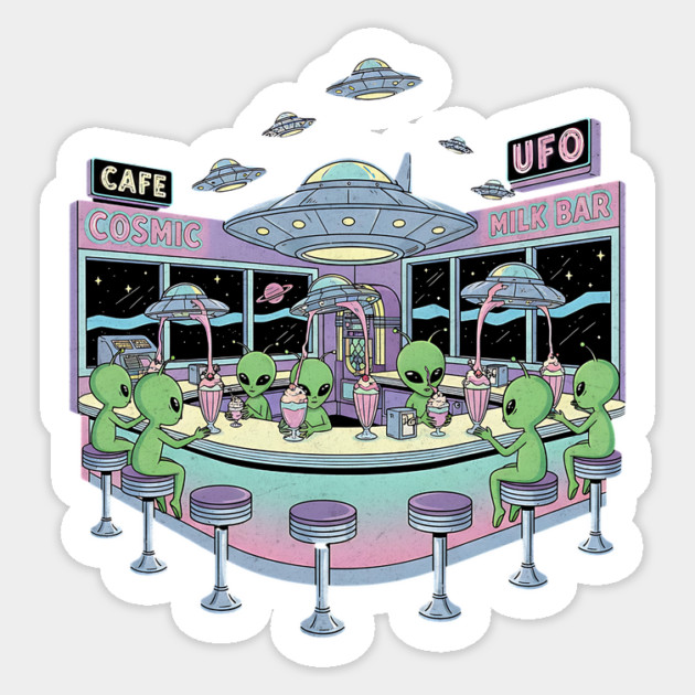 Cafe Cosmic – UFO Alien Milk Bar Sticker by Designed By Marty
