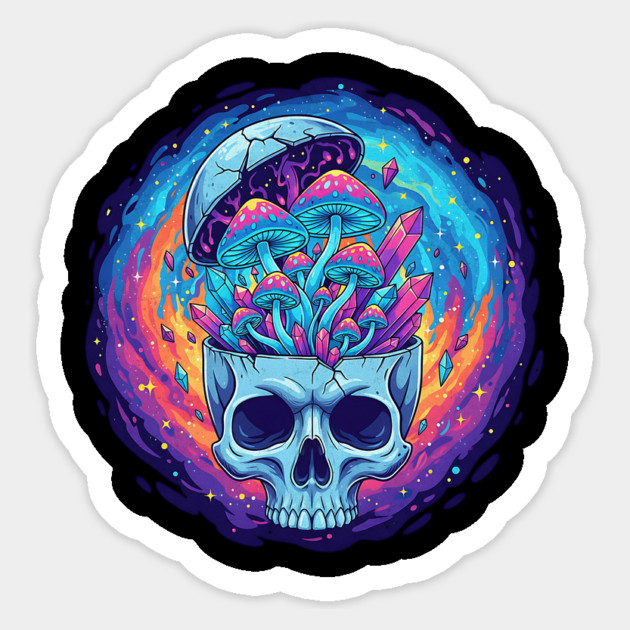 Neon Skull Bloom – Psychedelic Mushroom Explosion Sticker by Designed By Marty