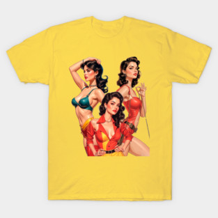 REVISTANGO #509 - Three Glamorous Brunette Women in Dynamic Pulp Poses Wearing Vibrant Retro Outfits Sexy Pin-Up Vintage Art Retro Style Comic Pulp T-Shirt