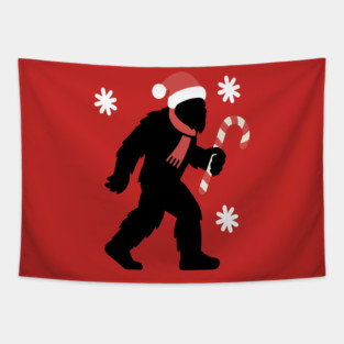 Christmas Bigfoot Santa and Candy Cane Tapestry