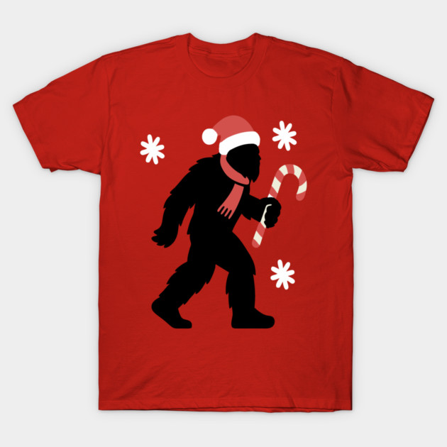Christmas Bigfoot Santa and Candy Cane T-Shirt by DonWillisJrArt