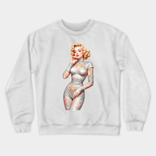 REVISTANGO #517 - Floral Pastel Tattoos Adorning a Shimmering Metallic Skin Suit on a Classic Blonde Woman with Voluminous Curls Sexy Pin-Up Vintage Art Retro Style Comic Pulp Crewneck Sweatshirt