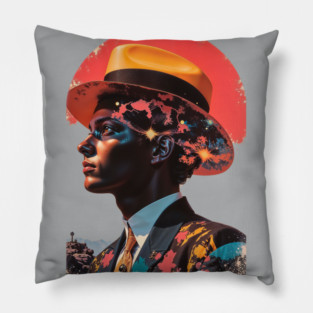 REVISTANGO #518 - Surreal Man in Yellow Fedora Hat with Cosmic Exploding Brain Effect and Patterned Blazer Abstract Sci-Fi Vintage Art Retro Style Comic Pulp Pillow