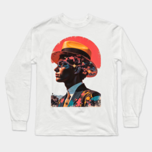 REVISTANGO #518 - Surreal Man in Yellow Fedora Hat with Cosmic Exploding Brain Effect and Patterned Blazer Abstract Sci-Fi Vintage Art Retro Style Comic Pulp Long Sleeve T-Shirt