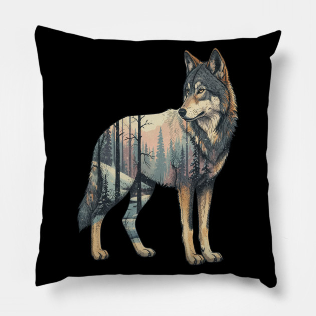 Majestic Wolf With Forest Silhouette Pillow by BirdsnStuff