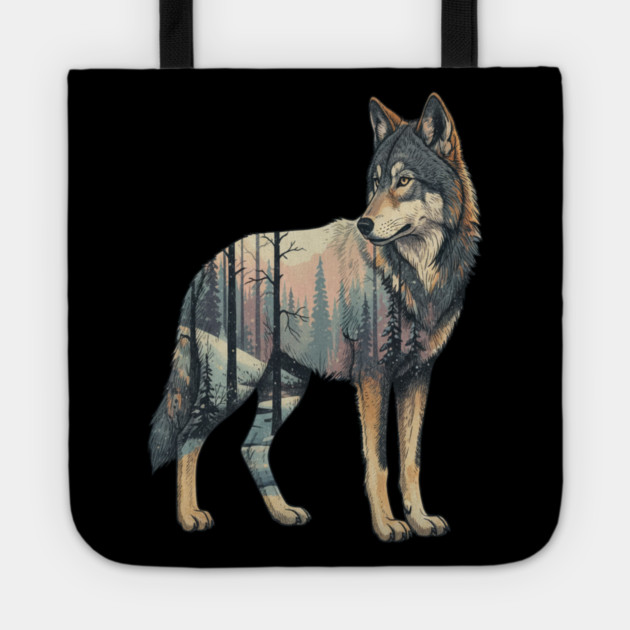Majestic Wolf With Forest Silhouette Tote by BirdsnStuff