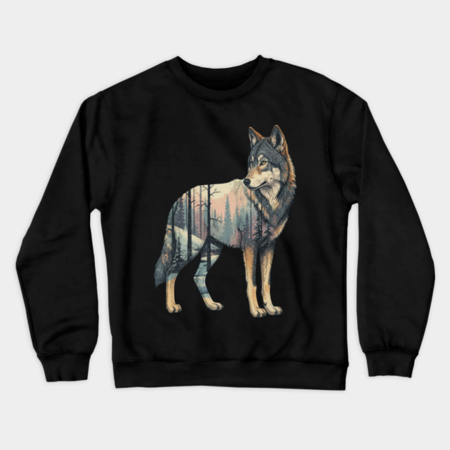 Majestic Wolf With Forest Silhouette Crewneck Sweatshirt by BirdsnStuff