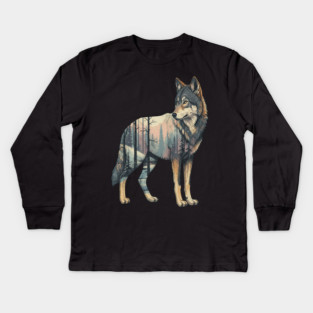 Majestic Wolf With Forest Silhouette Kids Long Sleeve T-Shirt