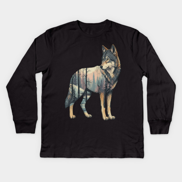 Majestic Wolf With Forest Silhouette Kids Long Sleeve T-Shirt by BirdsnStuff