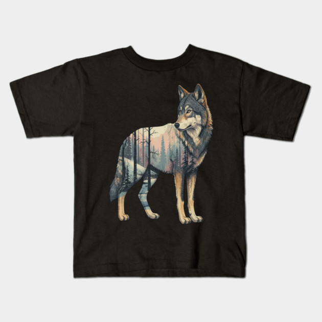 Majestic Wolf With Forest Silhouette Kids T-Shirt by BirdsnStuff