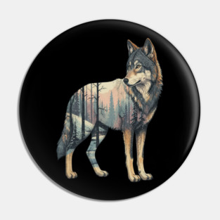 Majestic Wolf With Forest Silhouette Pin