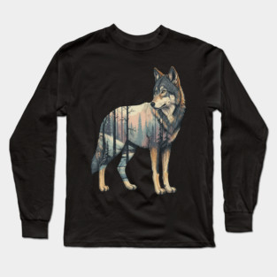 Majestic Wolf With Forest Silhouette Long Sleeve T-Shirt