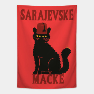 Black cat red fez Tapestry