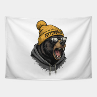 Pittsburgh Black Bear - Unique, Best Gift Idea for Men, Women, Kids, Dad, Mom, for Christmas, Birthday, Football, Lovers, Fans, Funny, Special, cool, badass, 70s, 80s, 90s, Players, Retro, Vintage, Jersey, Irenland, Irish, Tapestry
