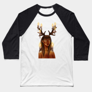 Mysterious fantasy woman with white eyes, illuminated by candlelight in the dark, adorned with majestic reindeer antlers Baseball T-Shirt