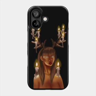 Mysterious fantasy woman with white eyes, illuminated by candlelight in the dark, adorned with majestic reindeer antlers Phone Case