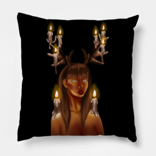 Mysterious fantasy woman with white eyes, illuminated by candlelight in the dark, adorned with majestic reindeer antlers Pillow