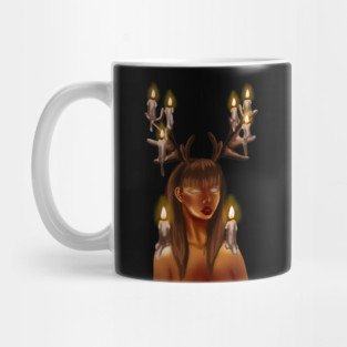 Mysterious fantasy woman with white eyes, illuminated by candlelight in the dark, adorned with majestic reindeer antlers Mug
