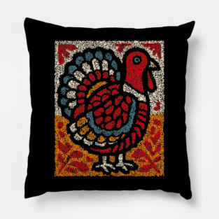 Folk Turkey Design – Thanksgiving & Farm Animal Art Pillow