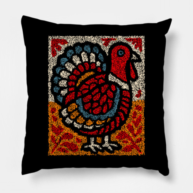 Folk Turkey Design – Thanksgiving & Farm Animal Art Pillow by TuncGK