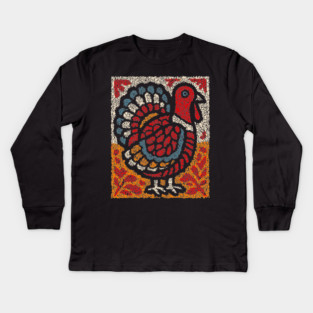 Folk Turkey Design – Thanksgiving & Farm Animal Art Kids Long Sleeve T-Shirt