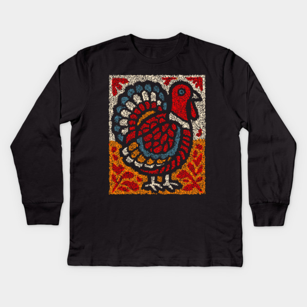 Folk Turkey Design – Thanksgiving & Farm Animal Art Kids Long Sleeve T-Shirt by TuncGK
